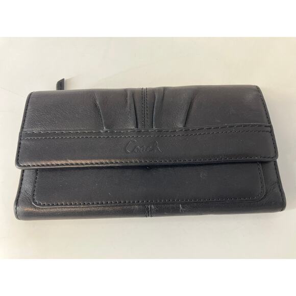 COACH LARGE BLACK SMOOTH LEATHER WALLET WITH EMBOSSED LOGO - Picture 1 of 14
